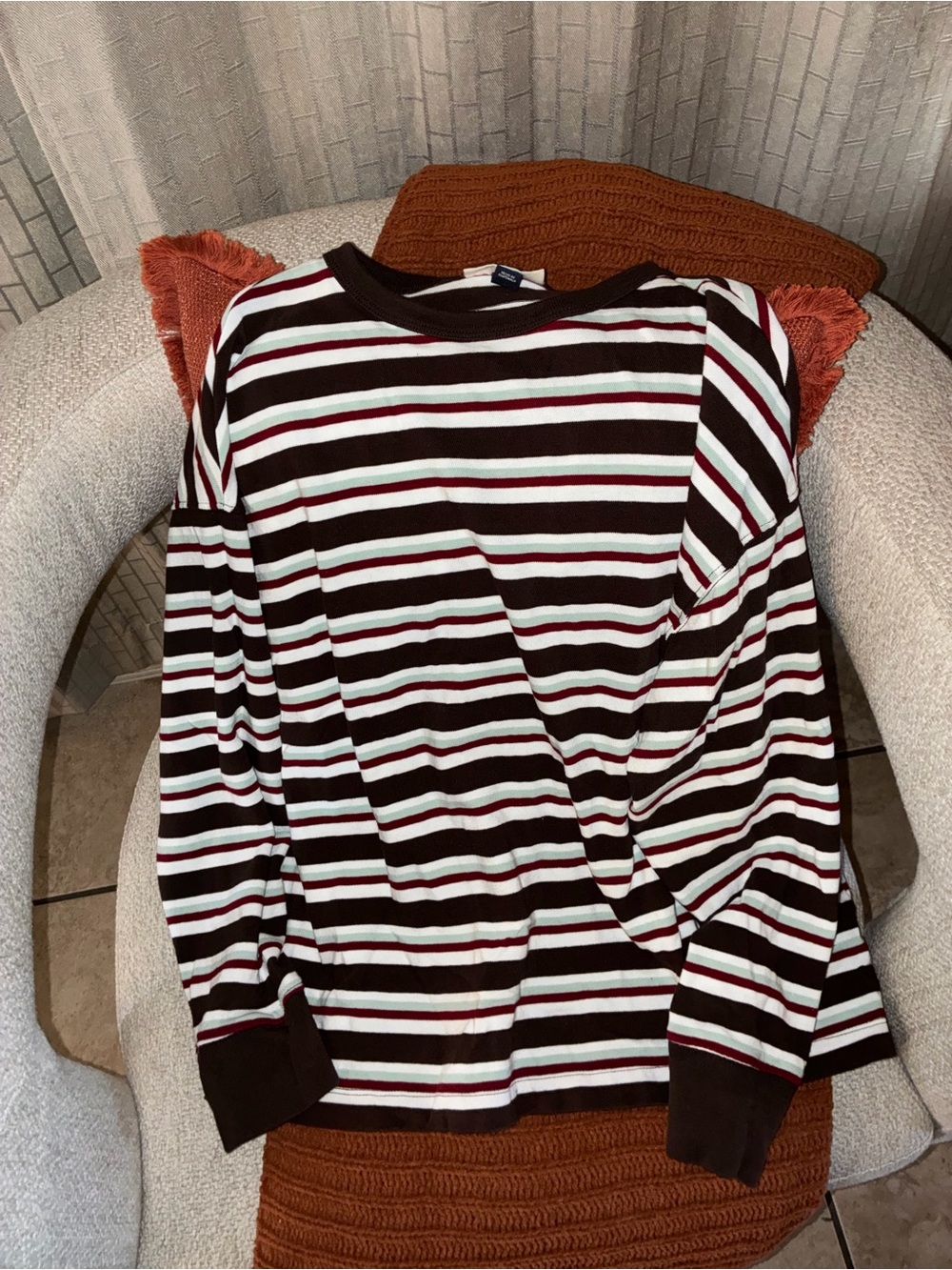 Universal Thread Striped Crewneck Sweater in Brown, White & Maroon